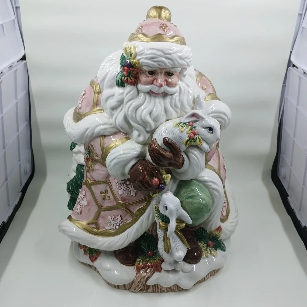 Vintage Fitz and Floyd 1996 Santa Cookie Jar Pink Hand‎ Painted Rabbits Woodland